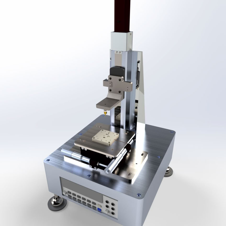 Detailed shot of a 3D printer nozzle operating in a workshop setting.